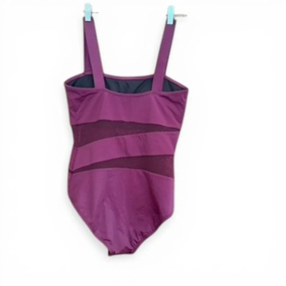 Carmen Marc‎ Valvo Swimsuit Womens 14 Burgundy One Piece Mesh C94809 Square Neck